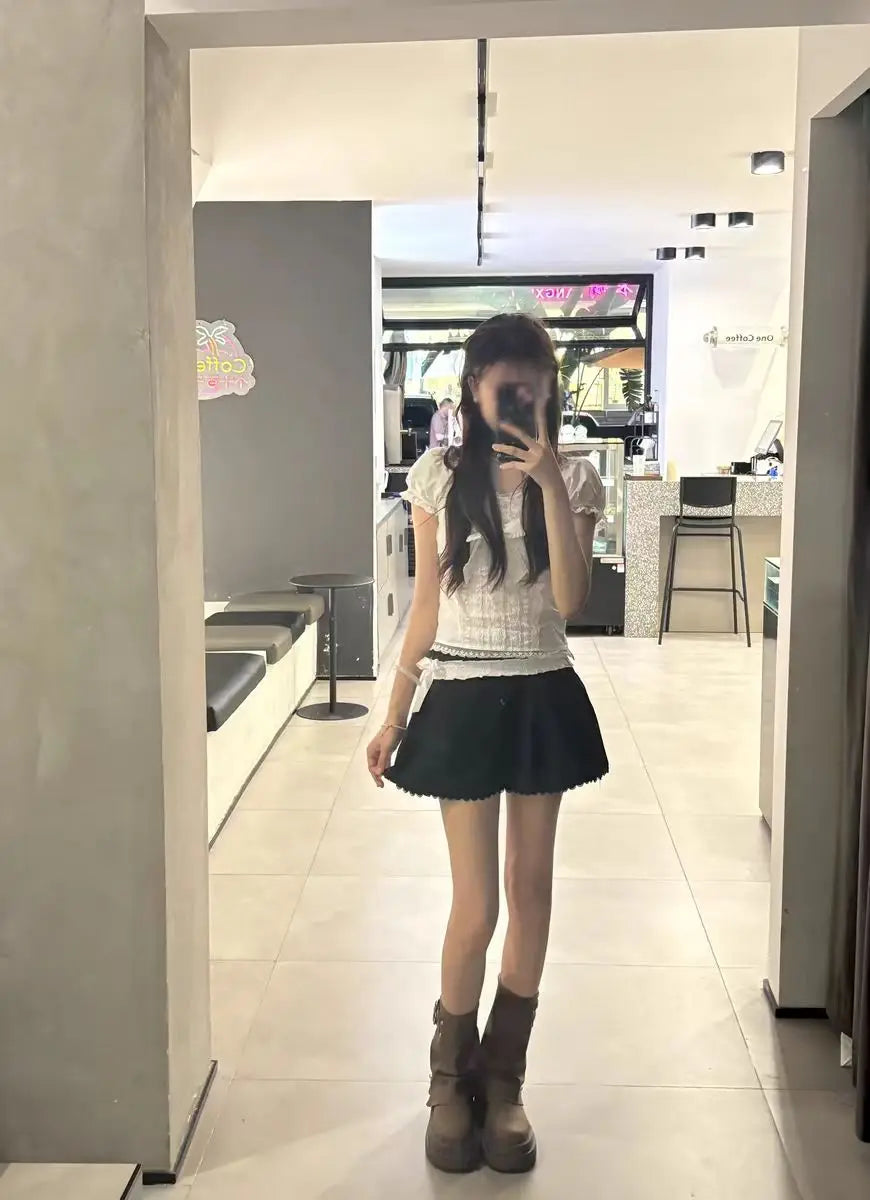 BXOXO Y2k Top Lace White Slim Kawaii Cute Women Clothes T shirt Suit Harajuku Sexy Sweet Girl Japanese Grunge Crop Top 2000s Tshirts