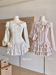 BXOXO Fall Winter Women Korea Kpop Mori Girl 2000s Aesthetic Outfits 2 Piece Set Long Sleeve Off Shoulder Coquette Tops + Mini Skirt