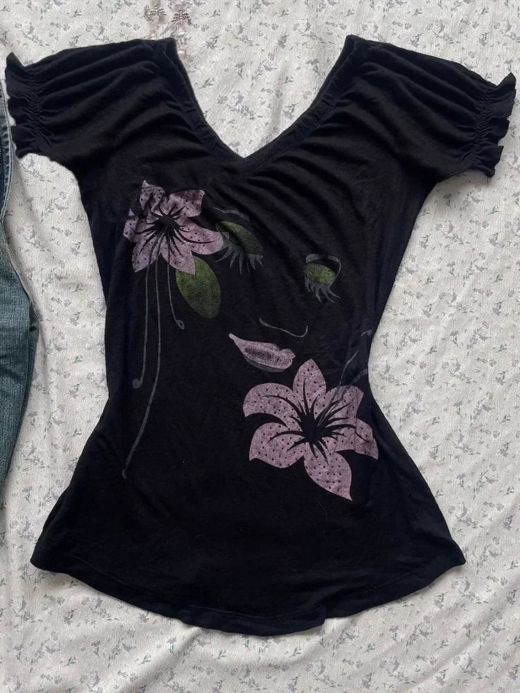 BXOXO Vintage Punk Sexy T Shirt Women Clothes 90S Summer Flower Off Shoulder Gothic Casual Slim Tees Girl Crop Femme T shirts Y2k Tops