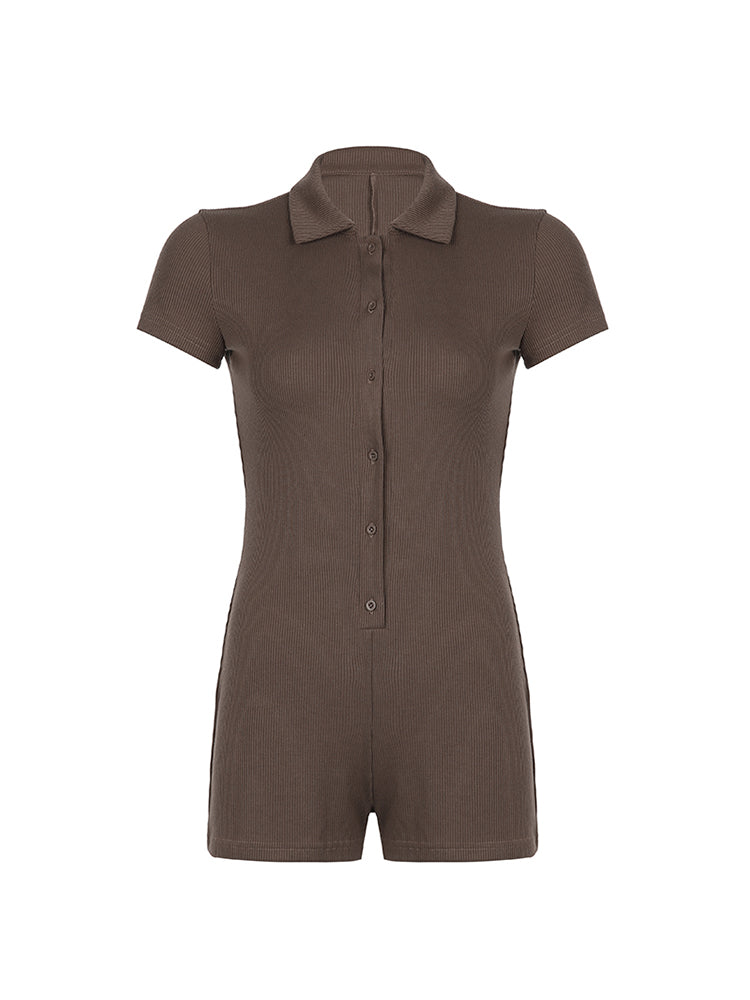 BXOXO - summer inspo Solid Button Up Turn Down Collar Short Sleeve Slim Ribbed Rompers Womens Playsuit Basic Vintage Casual Summer Shirts
