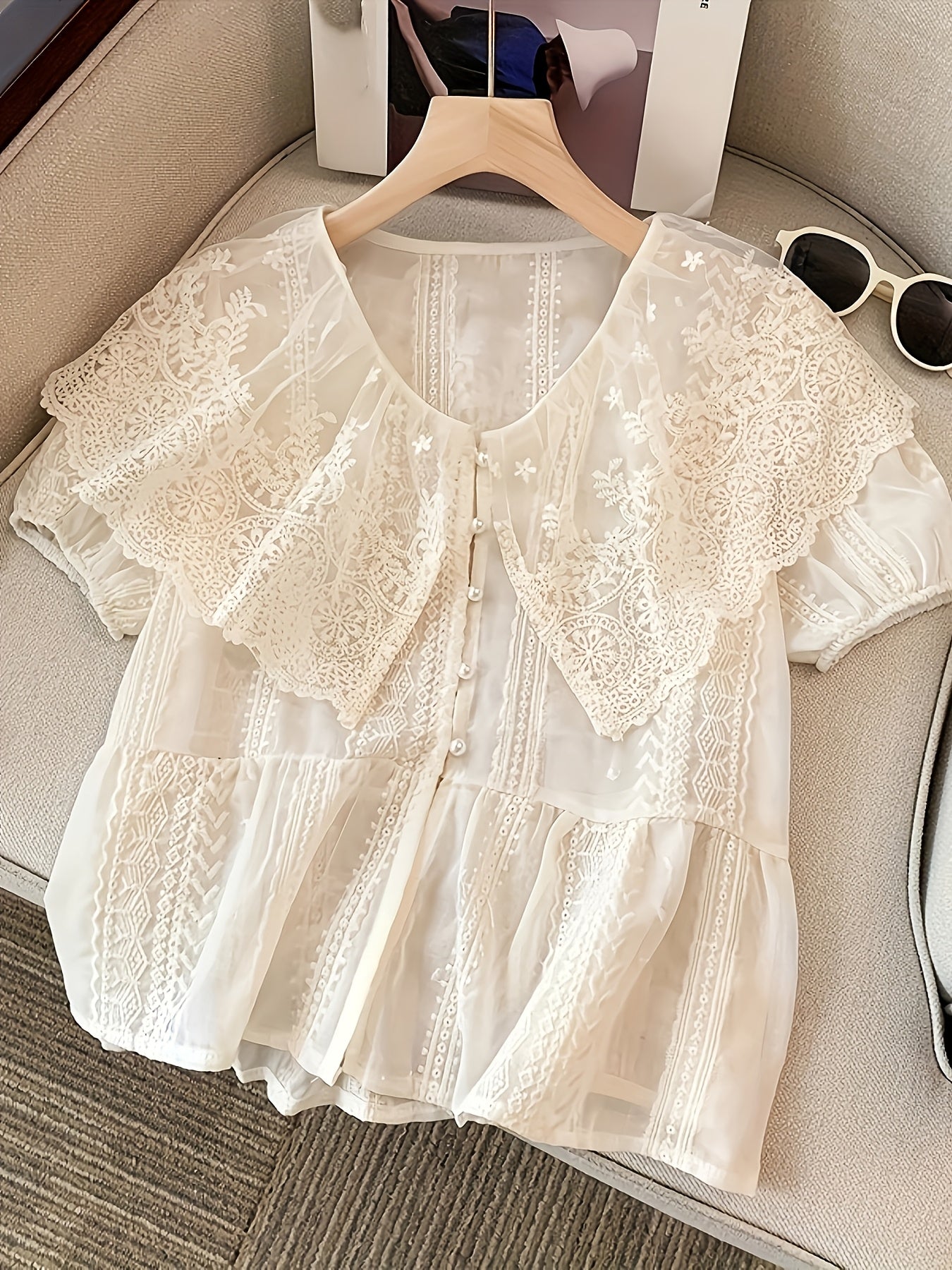 BXOXO 1pc Elegant V-Neck Lace Blouse for Women, 100% Polyester Sheer Ruffle Shirt with Button Details, All-Season Woven Solid Color Top