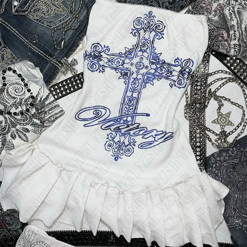 Bxoxo Hip Hop Punk Women's Tube Top Dress Gothic Y2K Harajuku High Street Rock Chic Pattern Print Summer Fashion Sexy Dress emo girls