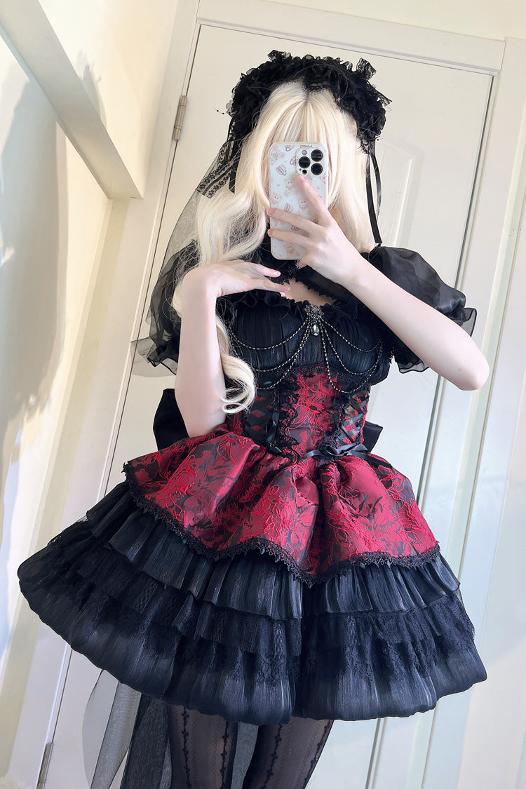 BXOXO - Black/Red Ancient Dream of the Dark Night Print Ruffle Gothic Lolita Jsk Dress