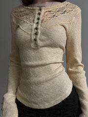 BXOXO - Lace Button-Up Crew Neck Long Sleeve Top