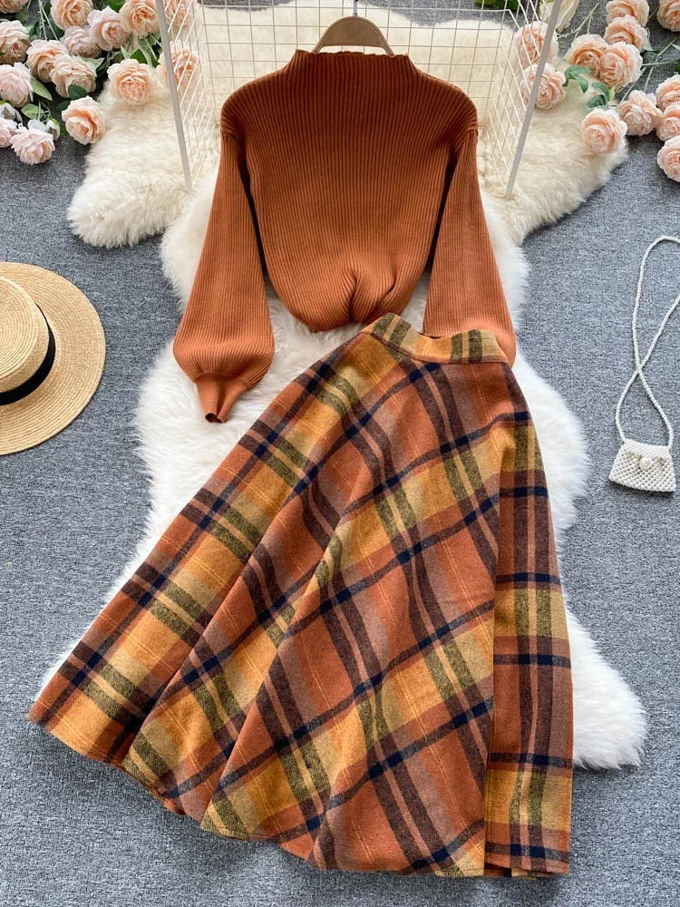 BXOXO Retro Casual Sweater 2 Piece Set Women Lantern Sleeve Sheath Knitt Top+Elastic Loose Long Skirt Female Autumn Elegant Suits 2025