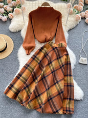 BXOXO Retro Casual Sweater 2 Piece Set Women Lantern Sleeve Sheath Knitt Top+Elastic Loose Long Skirt Female Autumn Elegant Suits 2025