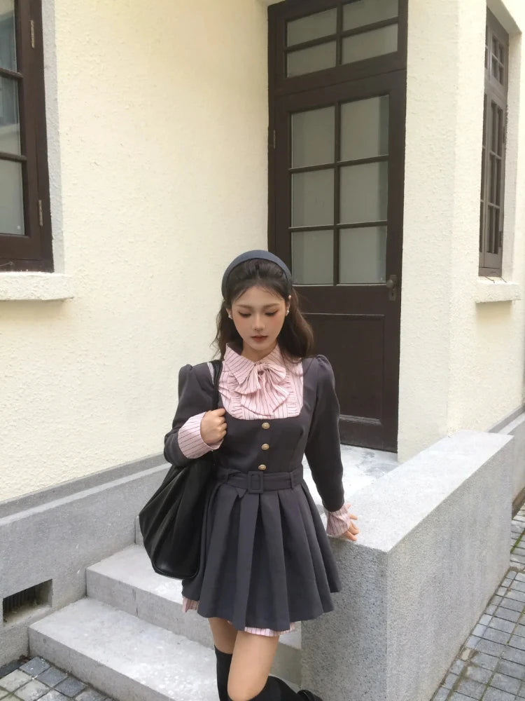 BXOXO Women Korean College Preppy Mini Fake Two Pieces Shirt Dress Korean Chic Girl Bow Frock Long Sleeve One-Piece 2000s Sweet Y2k