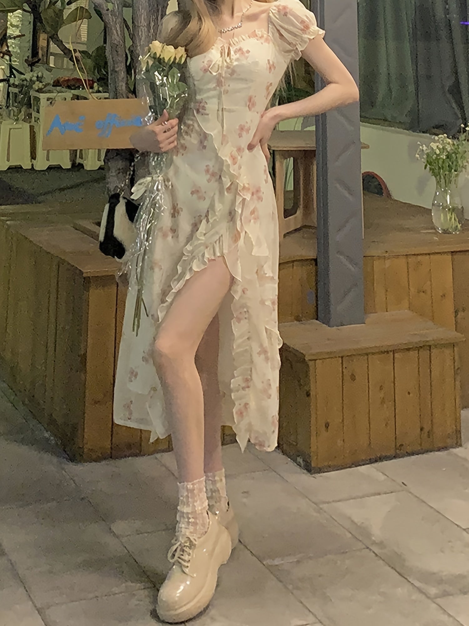 BXOXO Elegant Off-Shoulder Floral Midi Dress for Women - Chic Ruffle Detail & High-Low Hem, Lightweight Polyester, Perfect for Spring/Summer, Casual Wear|Asymmetrical Hemline|Glossy Texture