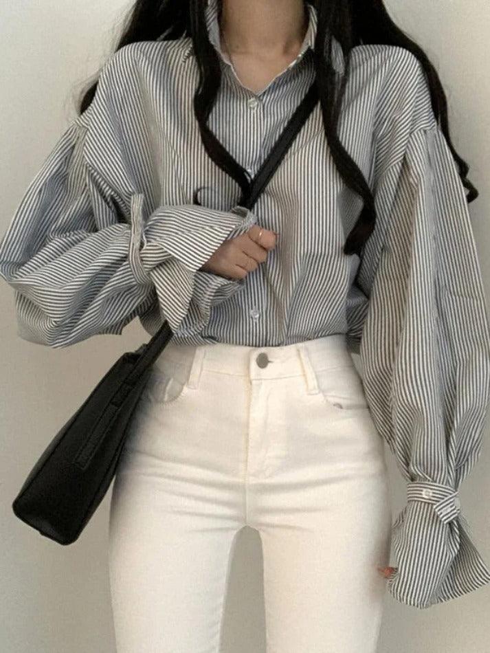 Stripe Lantern Sleeve Long Sleeve Blouse