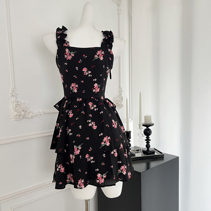 BXOXO - summer inspo Floral Flower Print Black Slip Mini Dress Women 2025 Summer Vintage Elegant Beach Casual Party Short Dresses