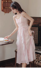 Pink Ruffled Chiffon Suspender Dress for Women Summer