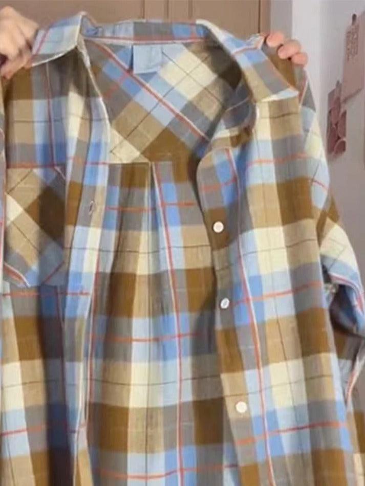 Vintage Contrast Plaid Print Long Sleeve Blouse