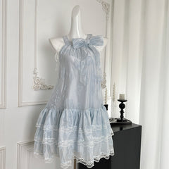 BXOXO - summer inspo Sweet Bow Lace Dress Women Summer Blue Sleeveless Halter Sling Dresses Y2k Harajuku Princess Cake Pompon Dress 2025