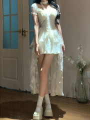 BXOXO [Polyester French Princess Dress] Sexy French Princess Style Polyester Dress - Elegant Asymmetrical Long Dress with Geometric Pattern, Lantern Short Sleeves, and Cardigan Collar for Women - Summer Irregular Hem