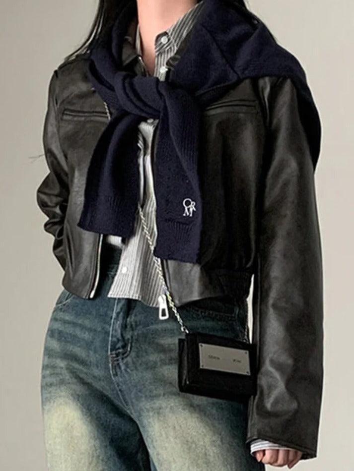 Zip Up Lapel Neck Leather Short Jacket
