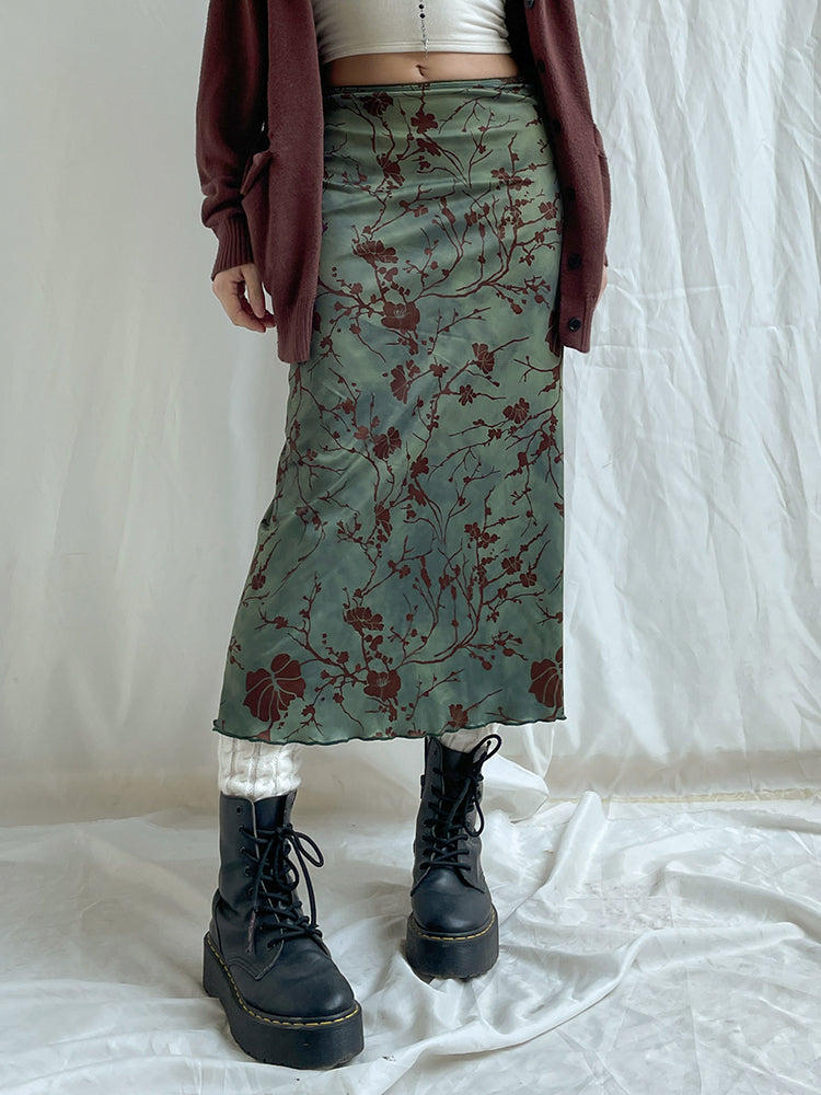 BXOXO - summer inspo Retro Green Floral Print Y2K Long Skirts For Women Vintage Aesthetic Frills Hem Cute Preppy Outfits