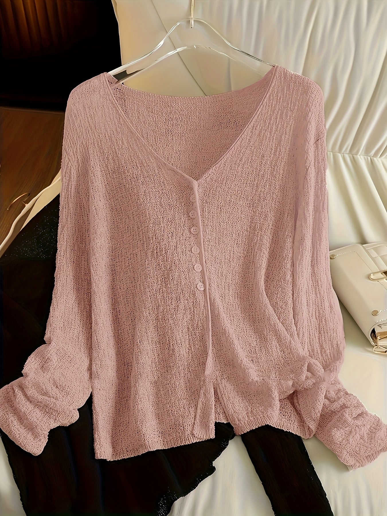 BXOXO Chic Lightweight V-Neck Knit Cardigan - Sheer Summer Shawl with Long Sleeves, Polyester Blend, Perfect for Spring/Summer/Fall, Women’s Casual & Sexy Style, Spring Outerwear | Elegant Open Front | Glossy Knit Fabric