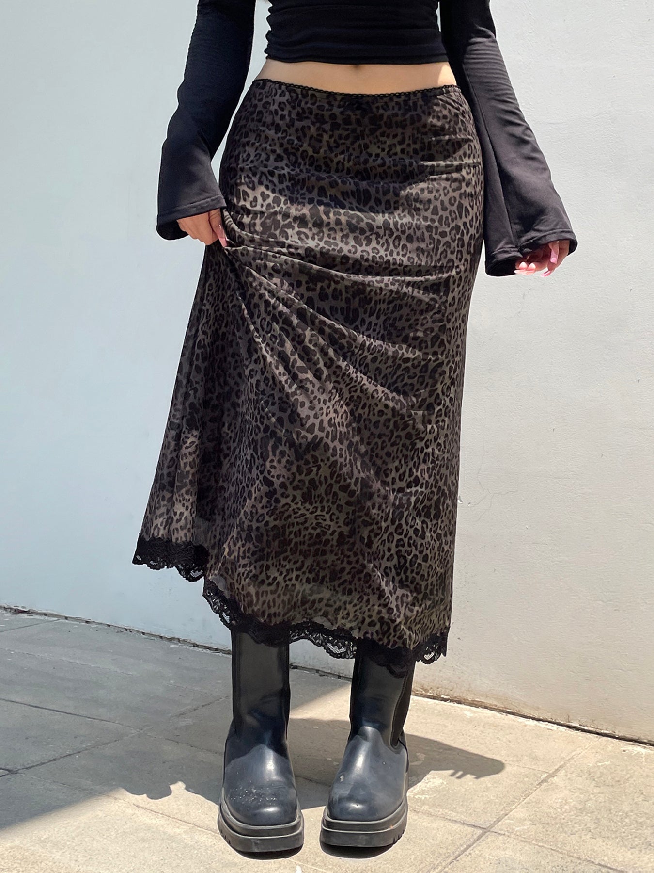 BXOXO - summer inspo Retro Brown Leopard Y2K Long Skirts Women Lace Trim Hem Two Layers Mesh Vintage Aesthetic Elegant Fashion Women Clothing