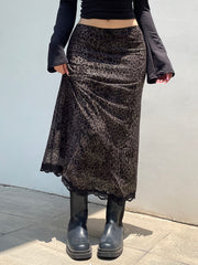 BXOXO - summer inspo Retro Brown Leopard Y2K Long Skirts Women Lace Trim Hem Two Layers Mesh Vintage Aesthetic Elegant Fashion Women Clothing
