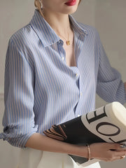 BXOXO Women'S Elegant Striped Polyester Shirt, Loose Fit, Long Sleeve, Regular Length, Button-Up Polo Collar, All Seasons, Woven Fabric, 120gsm - Blue Striped Blouse
