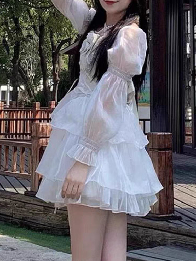 BXOXO party look inspos Japanese Lolita White Sweet Fairy Dress Women Bow Square Collar Kawaii Party Mini Dress Female Autumn Casual Fashion Chic Dress