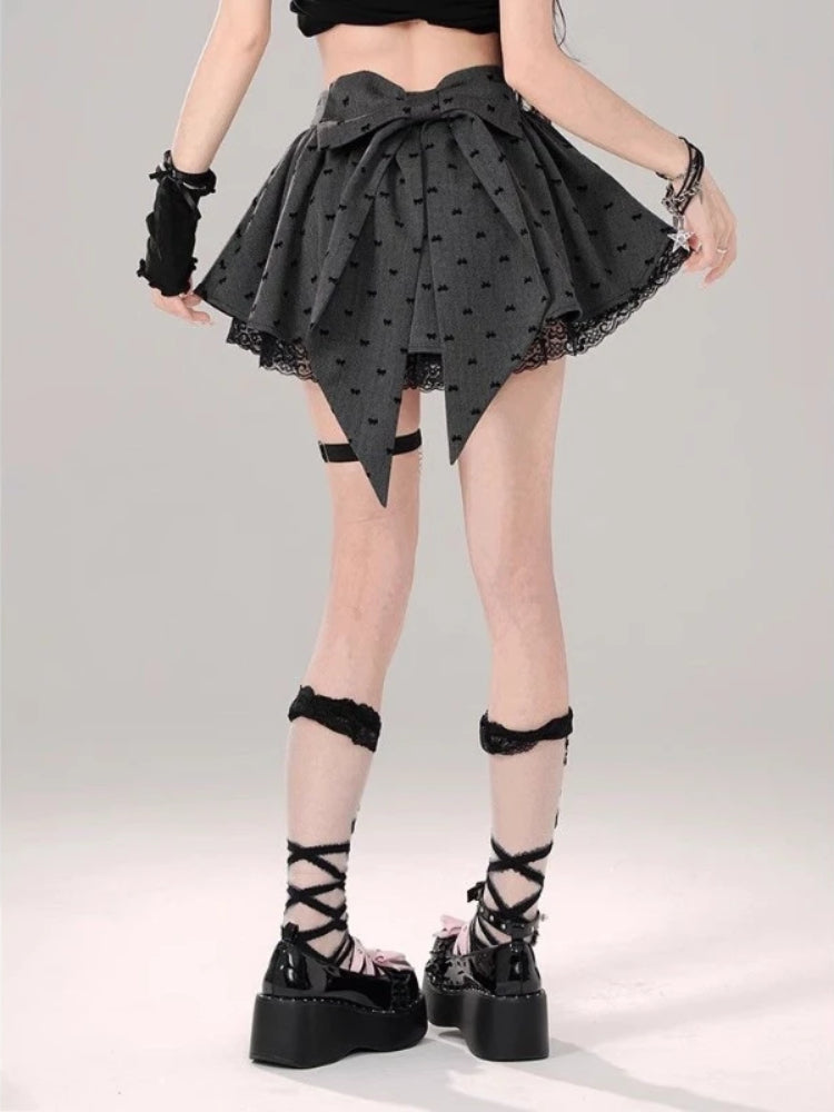 BXOXO Sweet Bow Pleated Skirt Women Kawaii Lace Patchwork Mini Skirts Lolita Japanese Style Cute Gray Dot Print Short Skirts