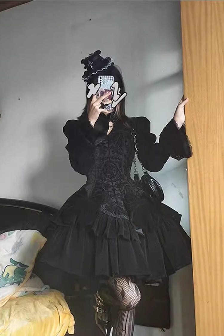 BXOXO Black Long Sleeves Jacquard Print Ruffle Classic Gothic Lolita Dress