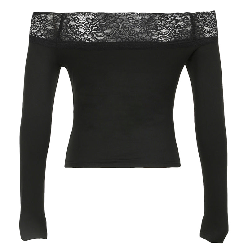 BXOXO - summer inspo Gothic Retro Lace Trim Slash Neck Blouses Womenâ€?Long Sleeve Y2k Darkly Chic Print Autumn Trendy Fashion Tops