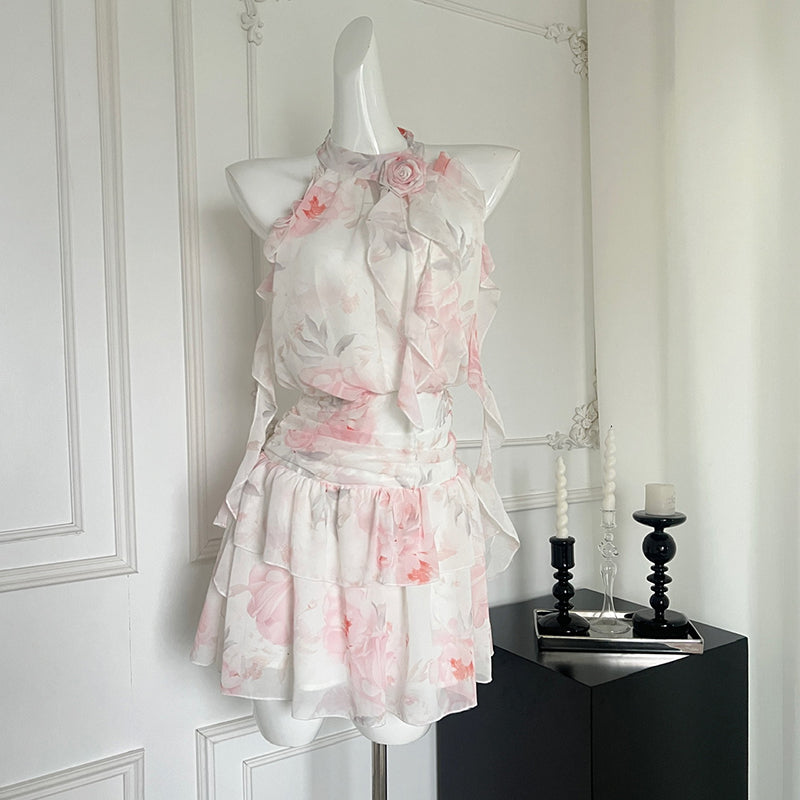 BXOXO - summer inspo 2025 Summer Halter Neck Floral Print Dress Beach Style Party Mini Dress Women's Sweet Sleeveless Dresses