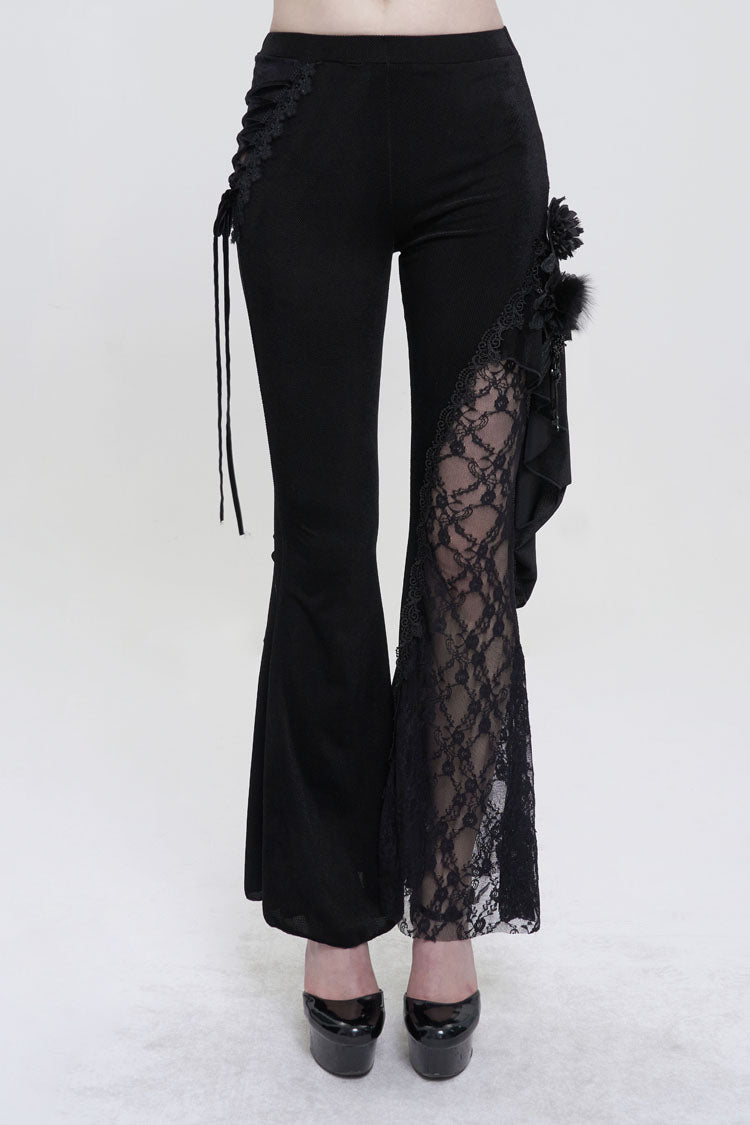 BXOXO Black Velvet Single Side Stitching Rose Net Side Rope Decoration Asymmetric Pattern Flare Women's Gothic Pants