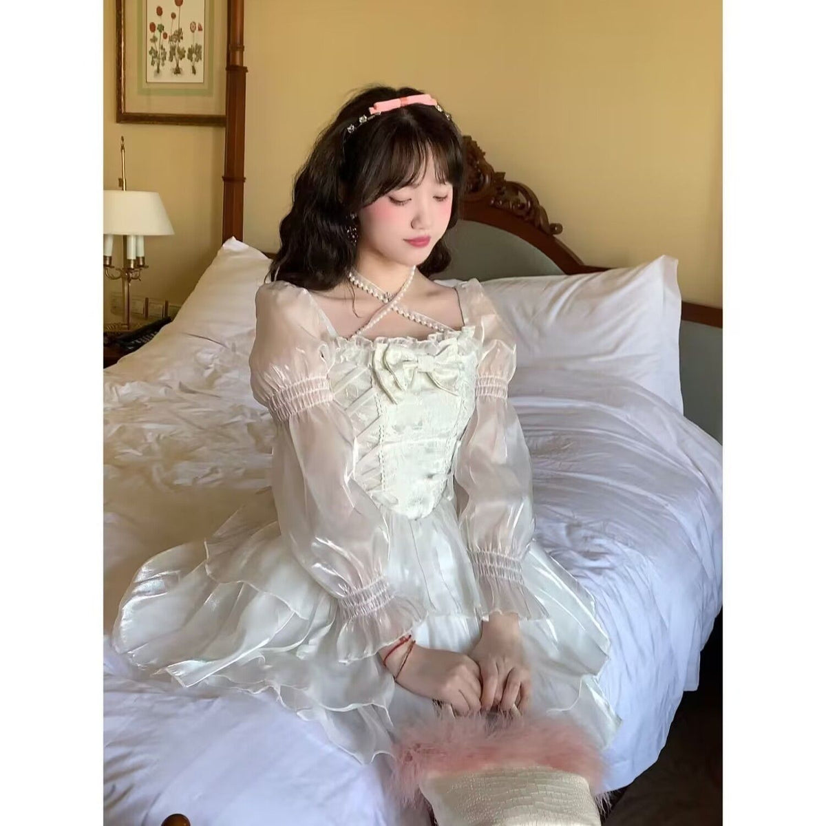 BXOXO party look inspos Japanese Lolita White Sweet Fairy Dress Women Bow Square Collar Kawaii Party Mini Dress Female Autumn Casual Fashion Chic Dress