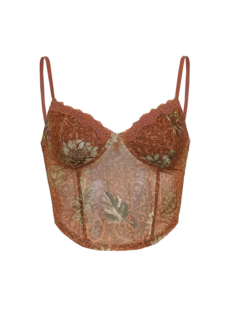 BXOXO - summer inspo Floral Print Vintage Aesthetic Mesh Camisole Women Brown Cute Y2K Crop Top