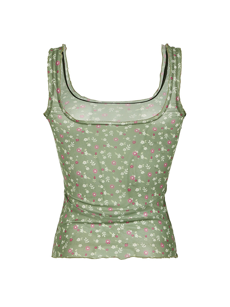 BXOXO - summer inspo Floral Print Frills Mesh Crop Top Women Sweet Summer Tank Vest Camisole Korean Fashion