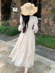 BXOXO party look inspos Autumn Chiffon Princess Party Dress for Women Midi Dresses O-neck Bow Puff Sleeves High Waist Ruffles A-line Vestidos Mujer New