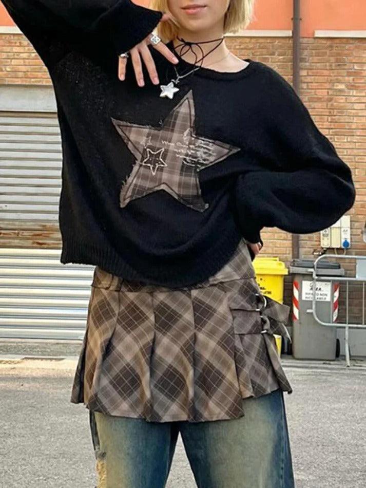 Vintage Plaid Star Patch Crew Neck Long Sleeve Knit