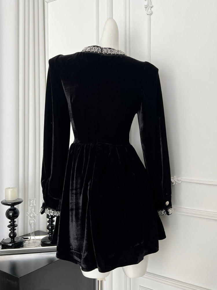 BXOXO Autumn Winter French Elegant Velvet Short Dress Women Retro Bow Button Rivet Zipper Evening Dress Female Chic Black Clothing New