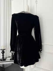 BXOXO Autumn Winter French Elegant Velvet Short Dress Women Retro Bow Button Rivet Zipper Evening Dress Female Chic Black Clothing New