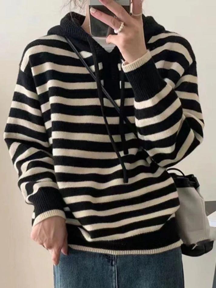 Vintage Contrast Color Striped Hooded Knit Sweater