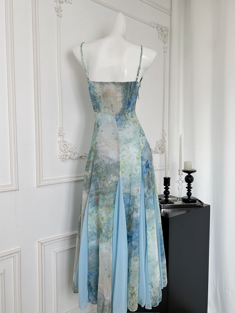 BXOXO - summer inspo French Tie Dyed Flower Dress For Women's Summer Temperament Commuting Patchwork Suspender Dress 2025 New