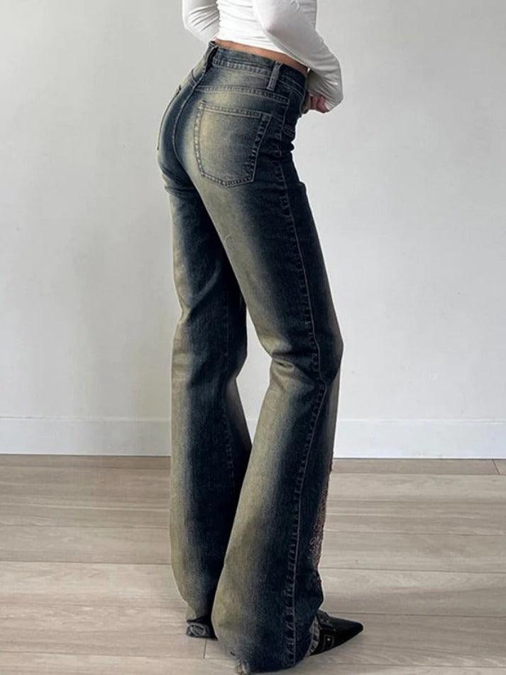 Vintage Distressed Embroidered High Rise Flare Jeans