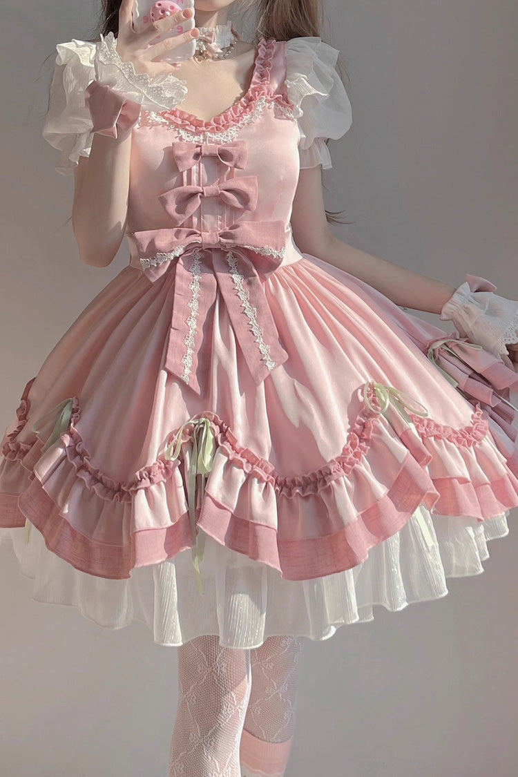 BXOXO - White/Pink Short Sleeves Ruffle Bowknot Princess Sweet Lolita OP Dress