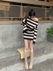 BXOXO party look inspos Striped Knitted Suits Women Casual 2 Piece Dress Set Female Y2k Clothing Korean Fashion Sweater Dress Office Lady 2025 Autumn