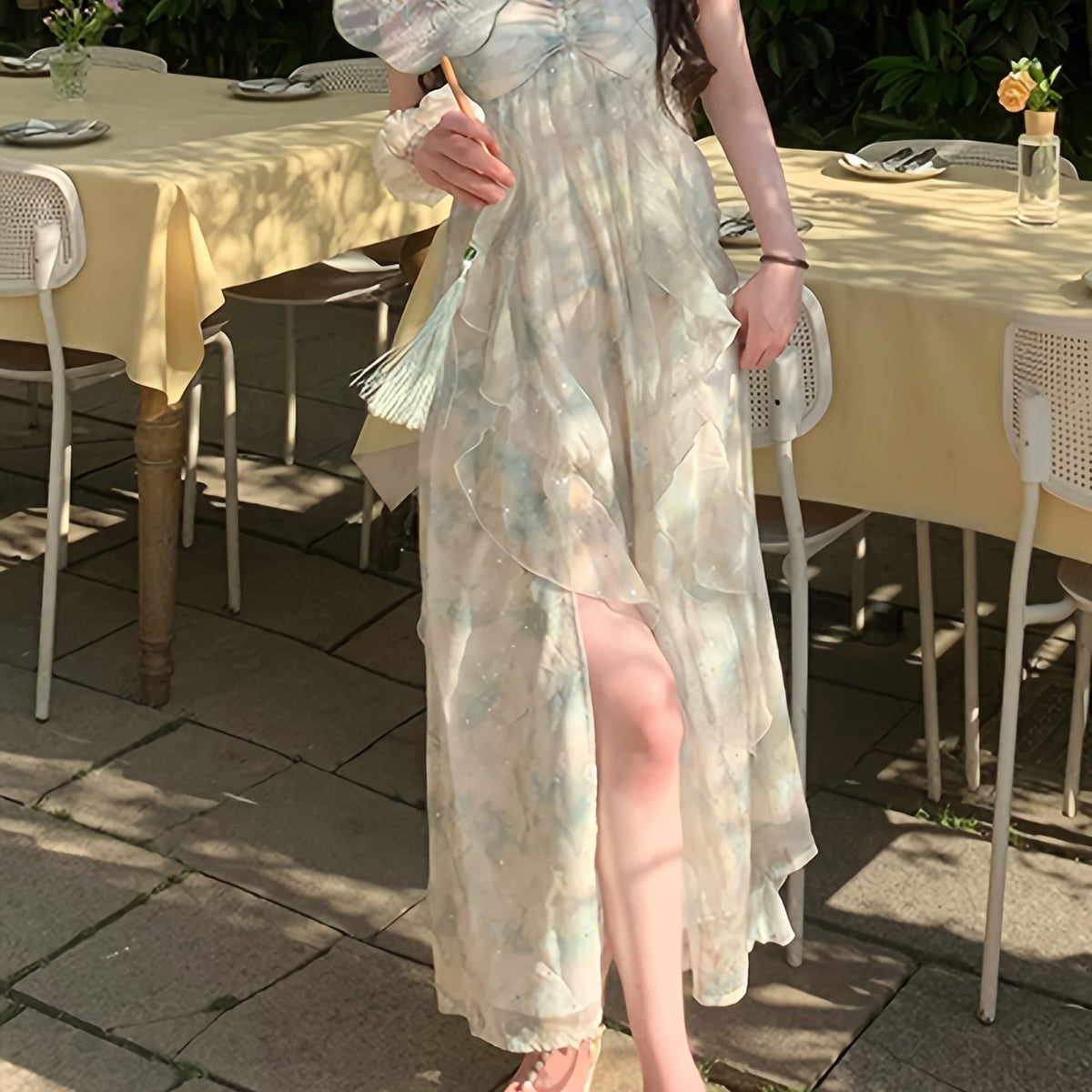 BXOXO Elegant Floral Print Polyester Midi Dress with Sweetheart Neckline and Asymmetrical Hem for Beach Vacations and Garden Parties, Beach Dress
