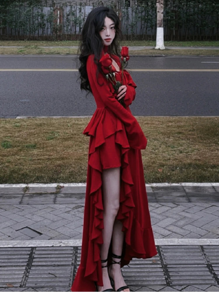 BXOXO party look inspos Spring Red Vintage Elegant Dress Women Flare Sleeve Designer Sweet Long Dress Female Ruffles Retro Princess Irregular Dress