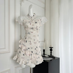 BXOXO - summer inspo Summer 2025 New Chinese Style Short-Sleeved Dress Fashionable Slimming Lace Stitching Mini Dresses