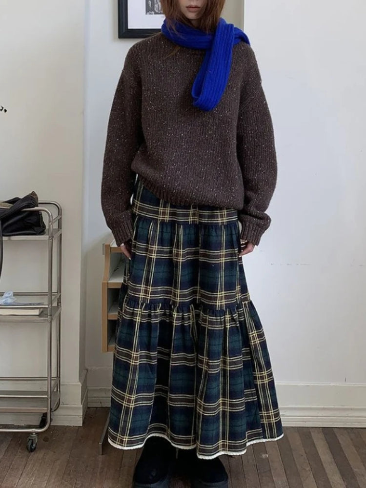 BXOXO Vintage Plaid Skirt Women Y2k Harajuku Japanese Preppy Style Long Checked Streetwear Retro Ruffle Skirts Aesthetics