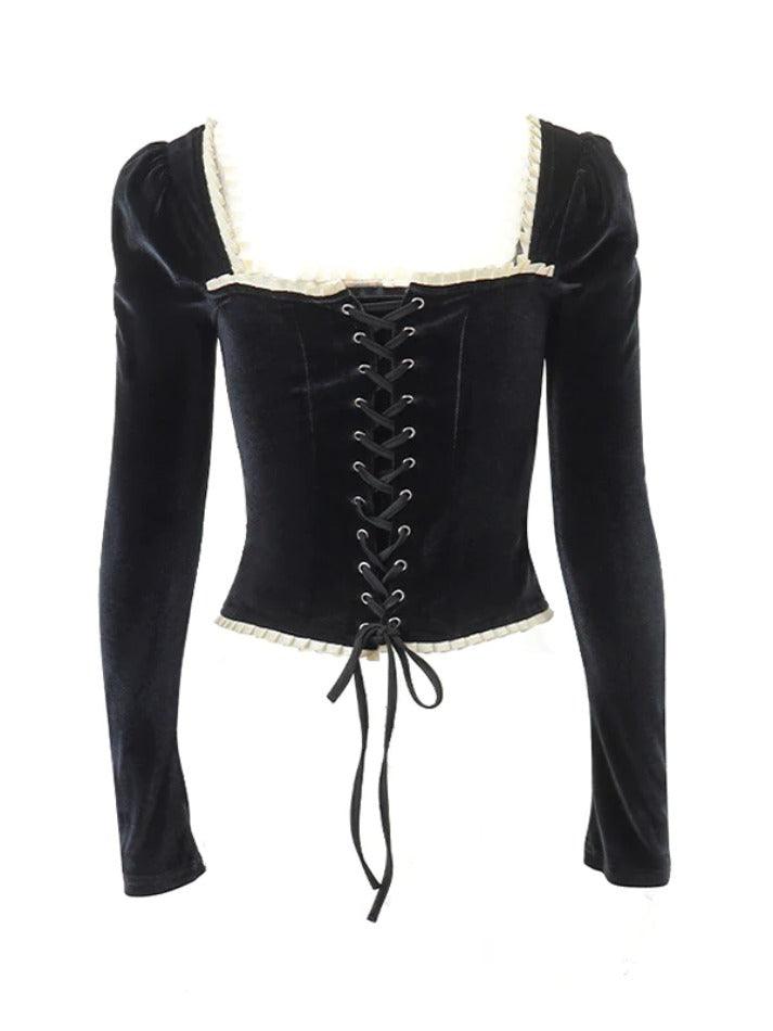 Velvet Square Neck Tie Back Long Sleeve Tee