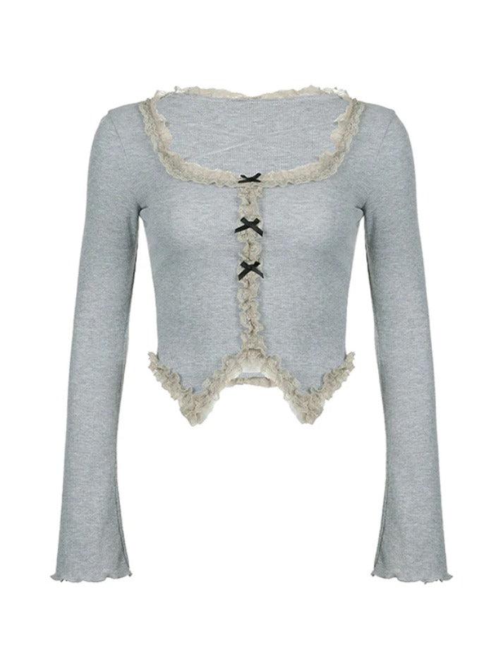 Square Neck Crossover Lace Trim Long Sleeve Knit