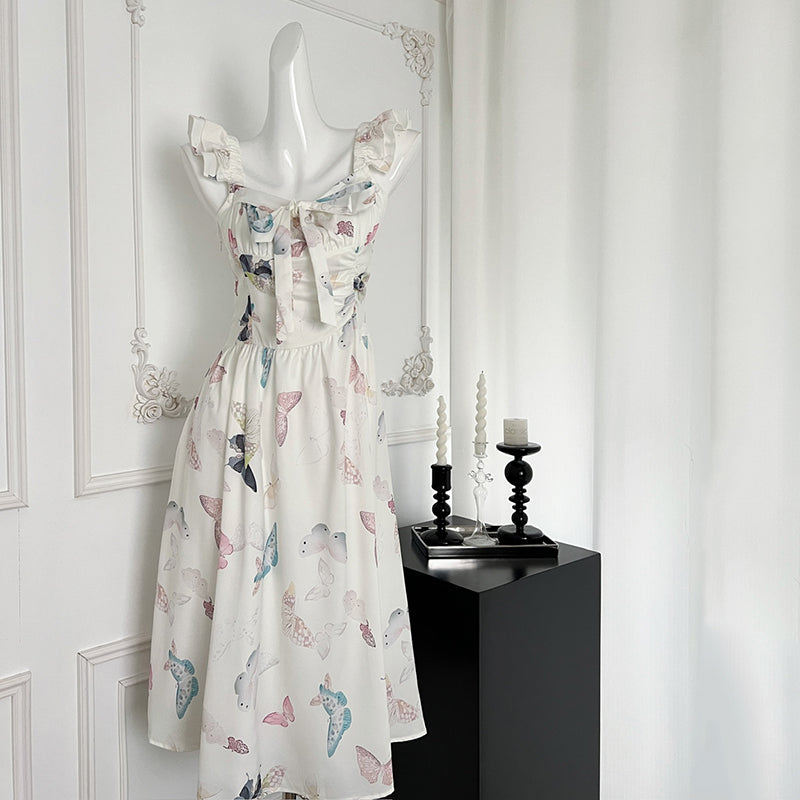 BXOXO - summer inspo French Style Temperament Sling Dress Women Summer New Fashion Butterfly Print Long Dress Sleeveless Elegant Slim Dresses