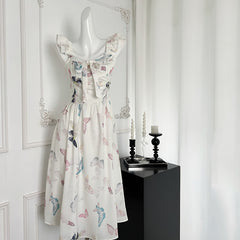 BXOXO - summer inspo French Style Temperament Sling Dress Women Summer New Fashion Butterfly Print Long Dress Sleeveless Elegant Slim Dresses